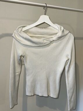 Abercrombie & Fitch White Ecru Cream Rib Knit Off shoulder Cowl Neck  Sweater S